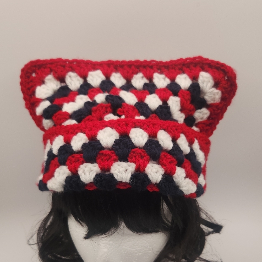 Handmade Unisex Granny Square Red White & Blue Cat Ear Beanie Patriotic Sack Hat